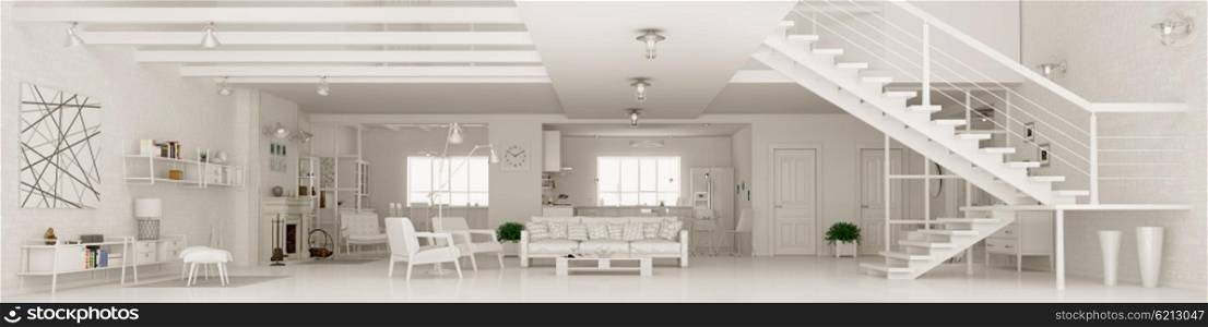Modern white apartment interior, living room, hall, kitchen, dining room,staircase, panorama 3d rendering