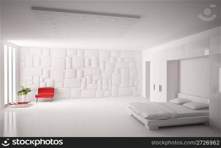 Modern white bedroom with red armchair interior 3d render