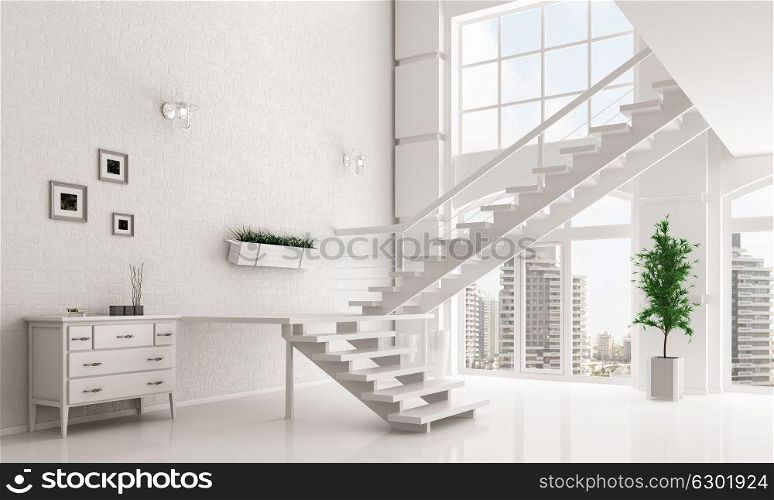Modern white hall with staircase interior 3d rendering