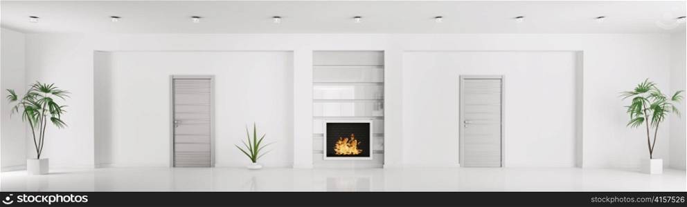 Modern white interior with doors and fireplace panorama 3d render