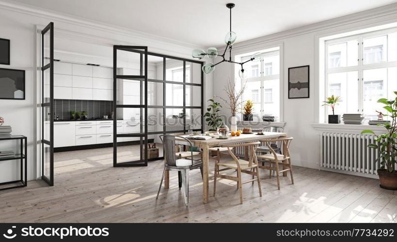 modern white kitchen interior. 3d rendering design concept