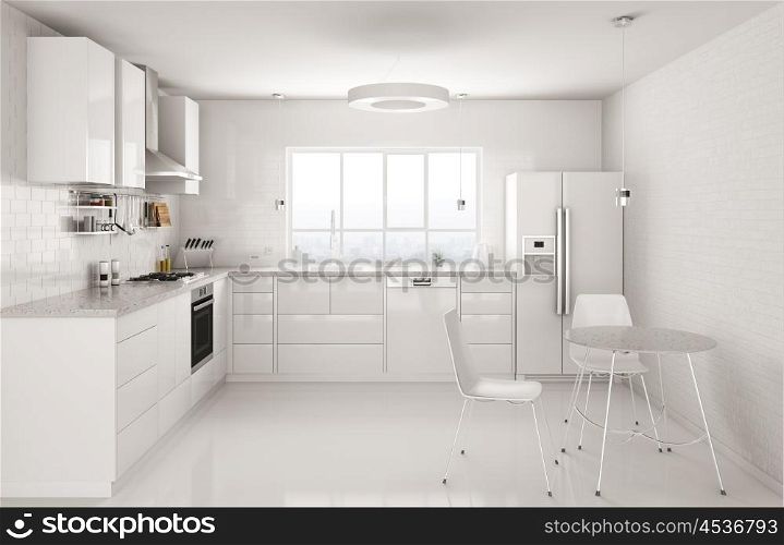 Modern white kitchen, window,table and chairs interior 3d rendering