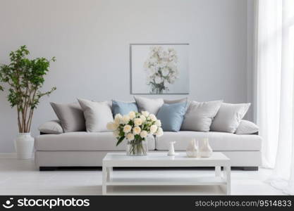 Modern white living room design with sofa and furniture with flowers.