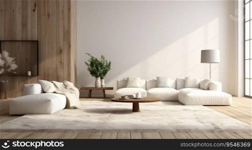 Modern white living room design with sofa and furniture with flowers.