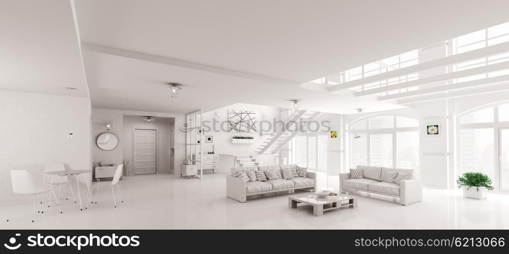 Modern white loft apartment interior, living room, hall, dining room, staircase 3d rendering