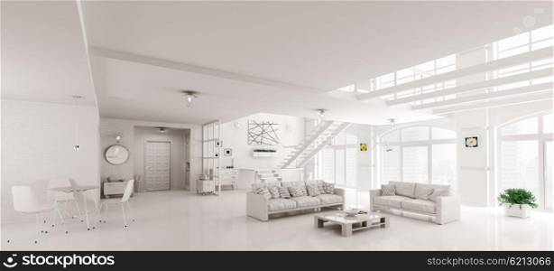 Modern white loft apartment interior, living room, hall, dining room, staircase 3d rendering