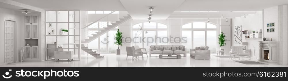 Modern white loft apartment interior, living room, hall, staircase, fireplace panorama 3d rendering