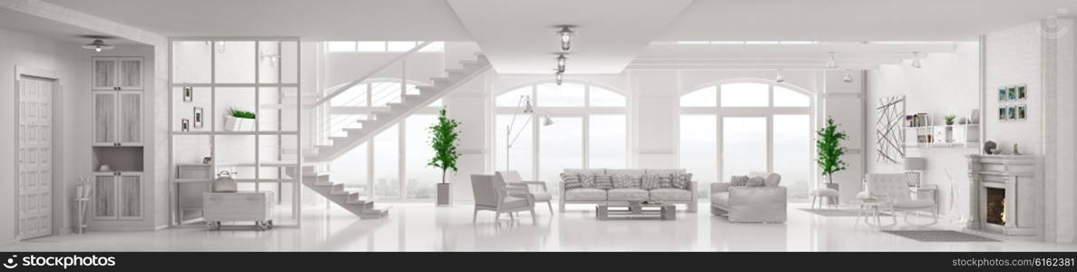 Modern white loft apartment interior, living room, hall, staircase, fireplace panorama 3d rendering