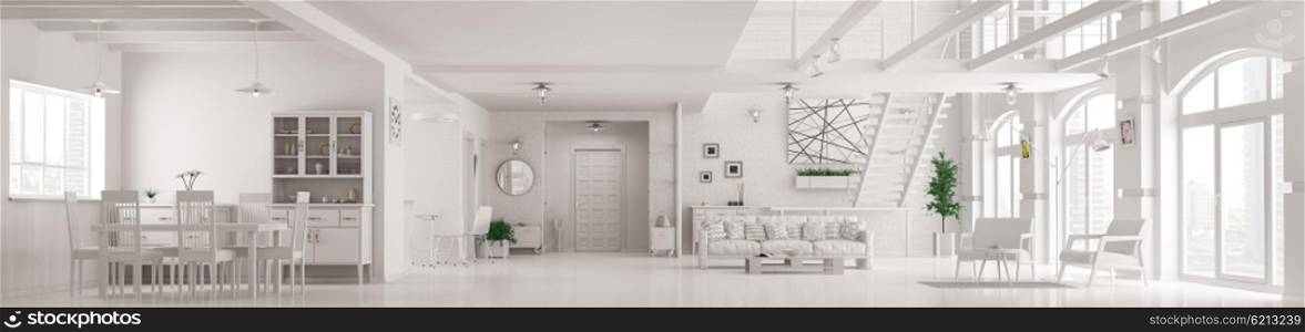 Modern white loft apartment interior, living room, hall, staircase, panorama 3d render
