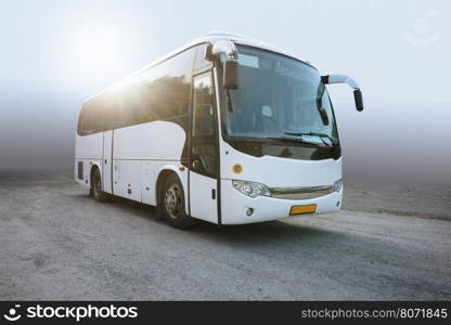Modern White Passenger Bus on the Neutral Background, City Tourist Bus Transportation Vehicle, Public Road Urban Travel Passenger Commercial City Bus. Modern and Comfortable Coach, Traveling by Bus