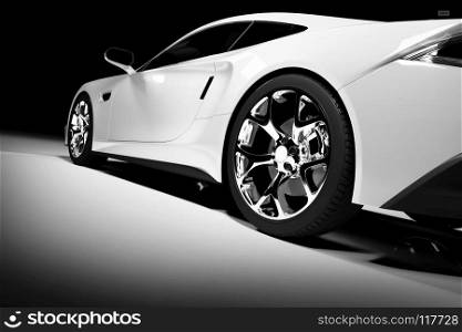Modern white sports car in a spotlight on a black background. Front view. 3D render. Luxury cars.. Modern red sports car in a spotlight on a black background.