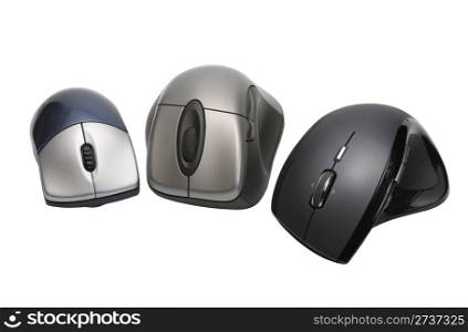Modern wireless computer mouses on white background, isolated