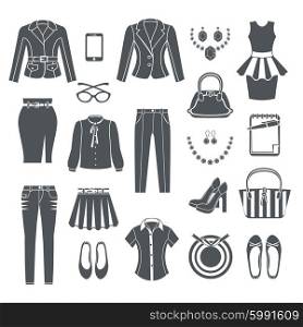 Modern Woman Clothes Black Icons . Modern woman clothes collection black icons set of dress pants blouse jeans handbag shoes and jewelry flat isolated vector illustration