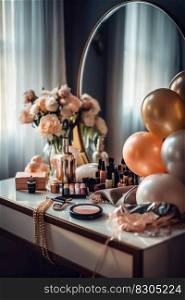 Modern Woman’s Dressing Table with Mirror, Balloons, Perfume, Jewelry, Flowers, Cosmetics. Generative AI. High quality illustration. Modern Woman’s Dressing Table with Mirror, Balloons, Perfume, Jewelry, Flowers, Cosmetics. Generative AI