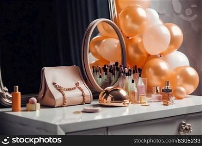 Modern Woman’s Dressing Table with Mirror, Balloons, Perfume, Jewelry, Flowers, Cosmetics. Generative AI. High quality illustration. Modern Woman’s Dressing Table with Mirror, Balloons, Perfume, Jewelry, Flowers, Cosmetics. Generative AI