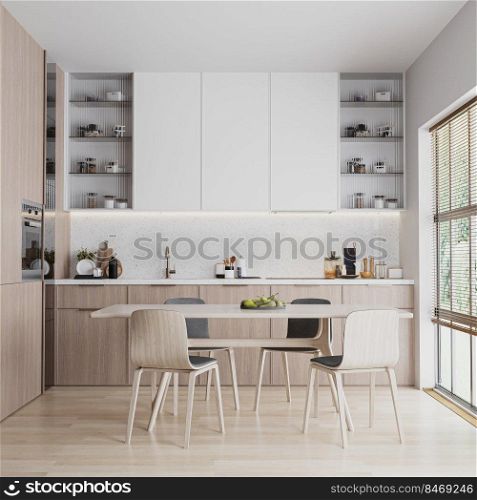 modern wood and tile kitchen interior, dinning table and garden view window, 3d render
