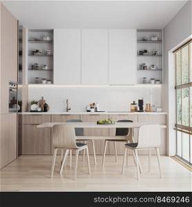 modern wood and tile kitchen interior, dinning table and garden view window, 3d render