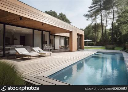 Modern wood terrace pool. Vacation furniture. Generate Ai. Modern wood terrace pool. Generate Ai