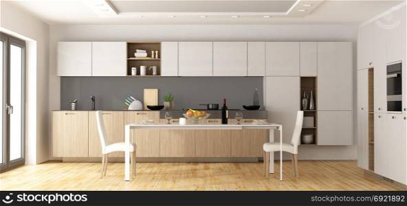 Modern wooden and white kitchen. Modern wooden and blue kitchen with dining table and chairs - 3d rendering