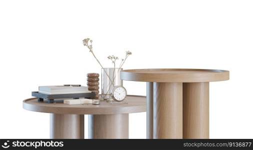 Modern, wooden coffee tables set with home accessories isolated on white background. Front view. Cut out furniture. Interior design element. Copy space for object, product presentation. 3D render. Modern, wooden coffee tables set with home accessories isolated on white background. Front view. Cut out furniture. Interior design element. Copy space for your object, product presentation. 3D render