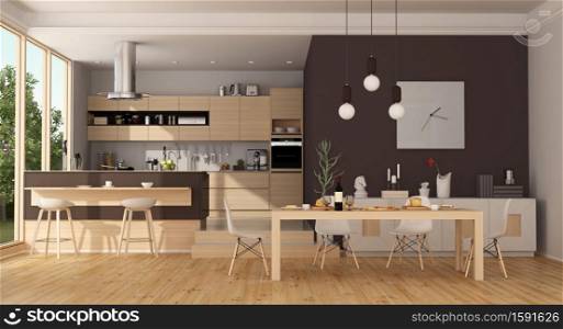 Modern wooden kitchen with island and dining table - 3d rendering. Modern wooden and brown kitchen