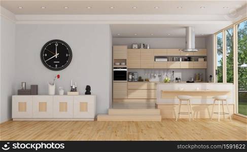 Modern wooden kitchen with island, sideboard and large windows - 3d rendering. Modern wooden and white kitchen