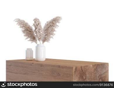 Modern, wooden table with p&as grass isolated on white background. Side view. Cut out furniture. Contemporary interior design element. Copy space for your object, product presentation. 3D render. Modern, wooden table with p&as grass isolated on white background. Side view. Cut out furniture. Contemporary interior design element. Copy space for your object, product presentation. 3D render.