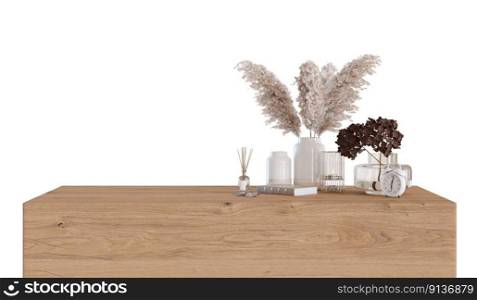 Modern, wooden table with pampas grass isolated on white background. Front view. Cut out furniture. Contemporary interior design element. Copy space for your object, product presentation. 3D render. Modern, wooden table with pampas grass isolated on white background. Front view. Cut out furniture. Contemporary interior design element. Copy space for your object, product presentation. 3D render.