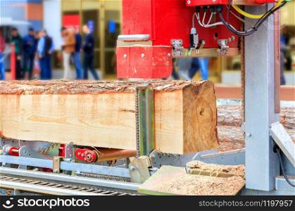Modern woodworking technology, automatic sawmill, close-up, background in blur.. Pine boards are made from large logs at a modern automatic sawmill.