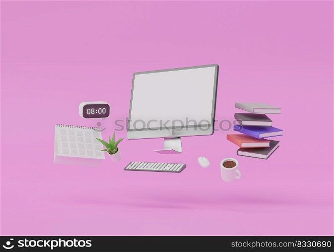 Modern workspace with floating gadget, 3d illustration