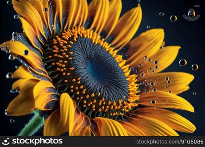 Modern Yellow Sunflower, Close Up Vibrant Flower with Blue Petals. Generative AI. Modern Yellow Sunflower, Close Up Flower with Blue Petals. Generative AI