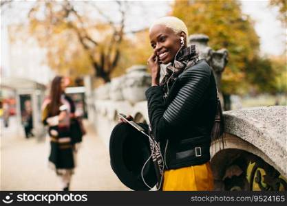 Modern young african american woman posing with coffee to go and mobile phone outdoor