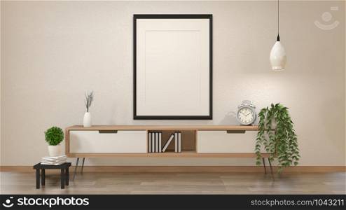 Modern zen interior of japanese living room with wooden cabinet and mock up poster 3d rendering