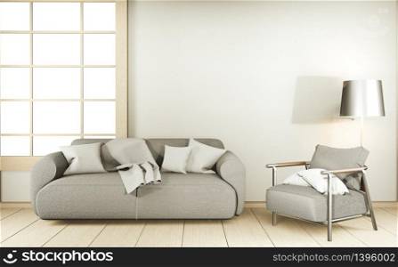 Modern Zen living room interior, white sofa and decor Japanese style on room white wall background. 3d rendering