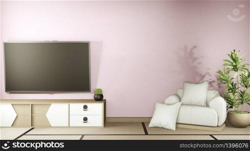 Modern Zen living room interior, white sofa and decor Japanese style on room pink sakura wall background. 3d rendering