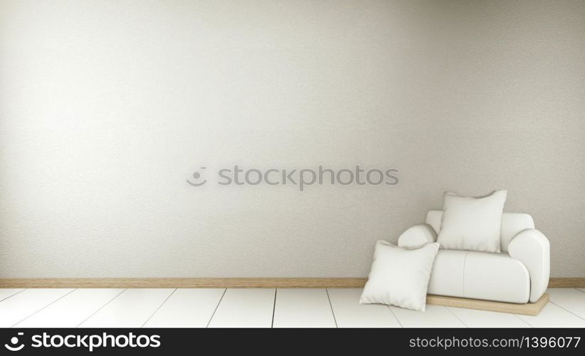 Modern Zen living room interior, white sofa and decor Japanese style on room white wall background. 3d rendering