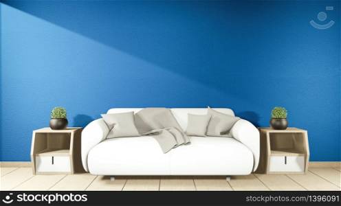 Modern Zen living room interior, white sofa and decor Japanese style on room dark blue wall background. 3d rendering