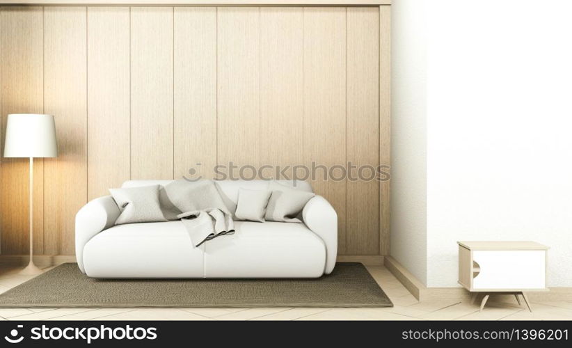 Modern Zen living room interior, white sofa and decor Japanese style on room white wall background. 3d rendering