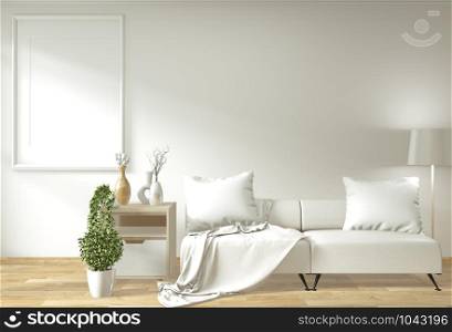 Modern zen living room interior with sofa and green plants japanese minimal design. 3d rendering.