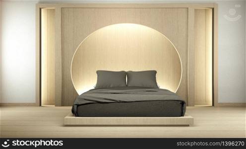 Modern zen peaceful Bedroom. japan style bedroom with shelf circle wall design hidden light and decoration japanese style. 3D rendering