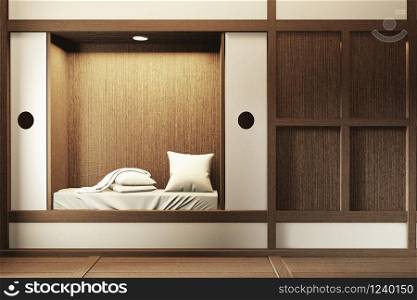 Modern zen peaceful Bedroom. japan style bedroom with shelf wall design hidden light and decoration japanese style.3D rendering