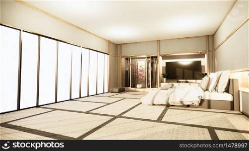 Modern zen peaceful Bedroom. japan style bedroom with shelf wall design hidden light and decoration nihon style.3D rendering