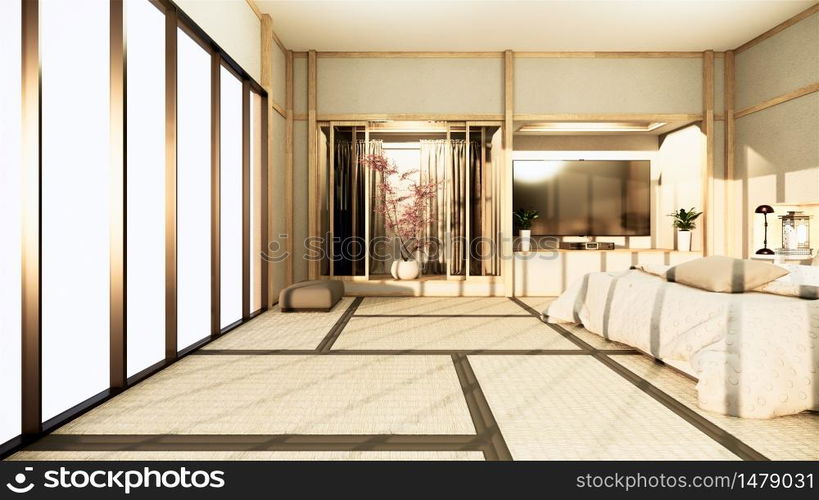 Modern zen peaceful Bedroom. japan style bedroom with shelf wall design hidden light and decoration nihon style.3D rendering