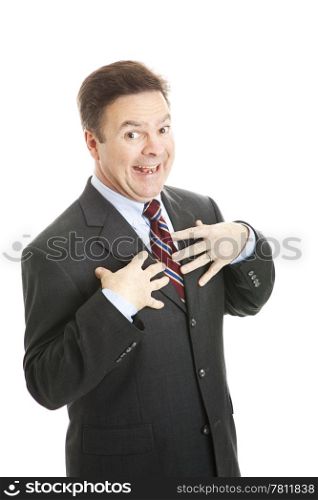 Modest businessman surprised by praise. Isolated on white.