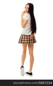 Modest girl in plaid skirt isolated