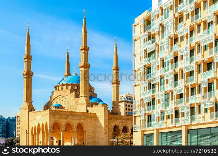 Mohammad Al-Amin Mosque and modern buildings in the center of Beirut, Lebanon