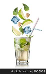 mohito cocktail with falling ingredients isolated on white