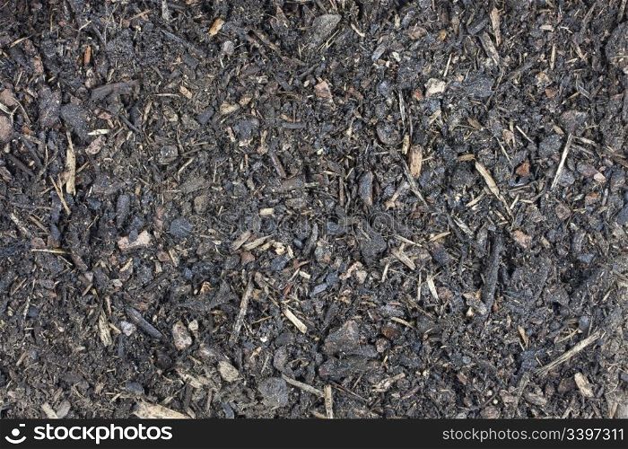 moist garden potting compost background with small wood chips, bark and sticks