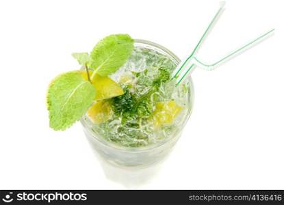 mojito alcohol fresh cocktail closeup with lemon and lime isolated on a white