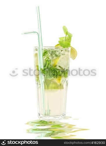 mojito alcohol fresh cocktail with lemon and lime isolated on a white